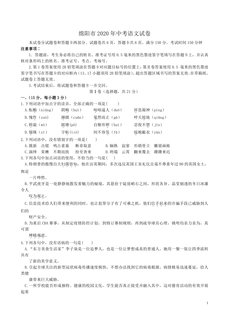 四川省绵阳市2020年中考语文试卷（word解析版）