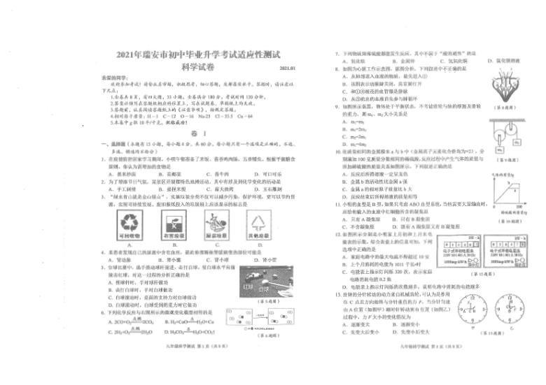 浙江省温州市瑞安市2021年初中毕业升学考试适应性测试科学试卷（PDF版 无答案）