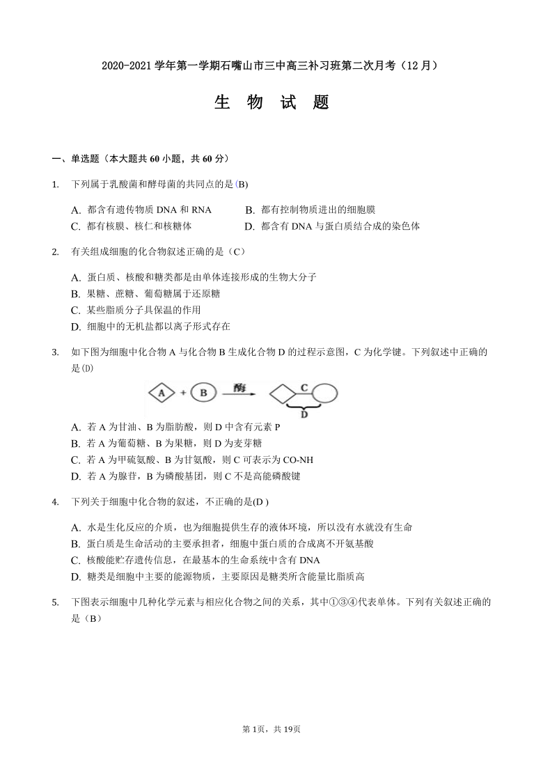 宁夏石嘴山市三中2021届高三上学期第二次月考（12月）生物试题（补习班） 含答案