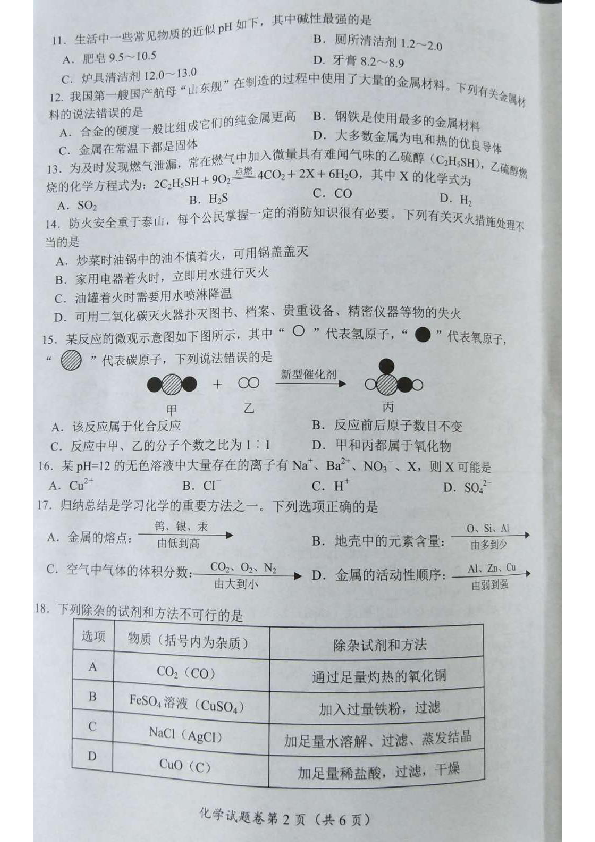 湖南省湘潭市2020年初中学业水平考试化学试题卷（图片版 无答案）