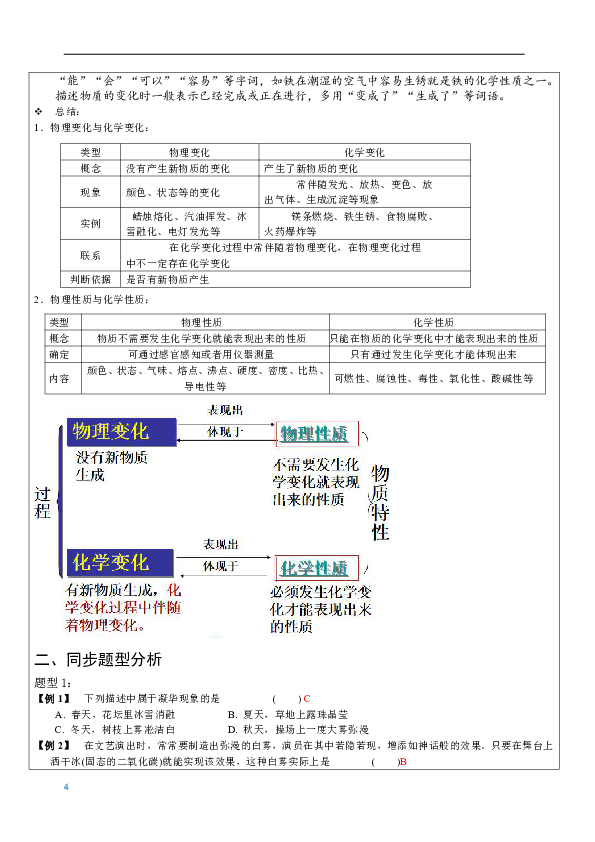 4.7 升华和凝华 4.8物理、化学性质 知识点辅导讲义