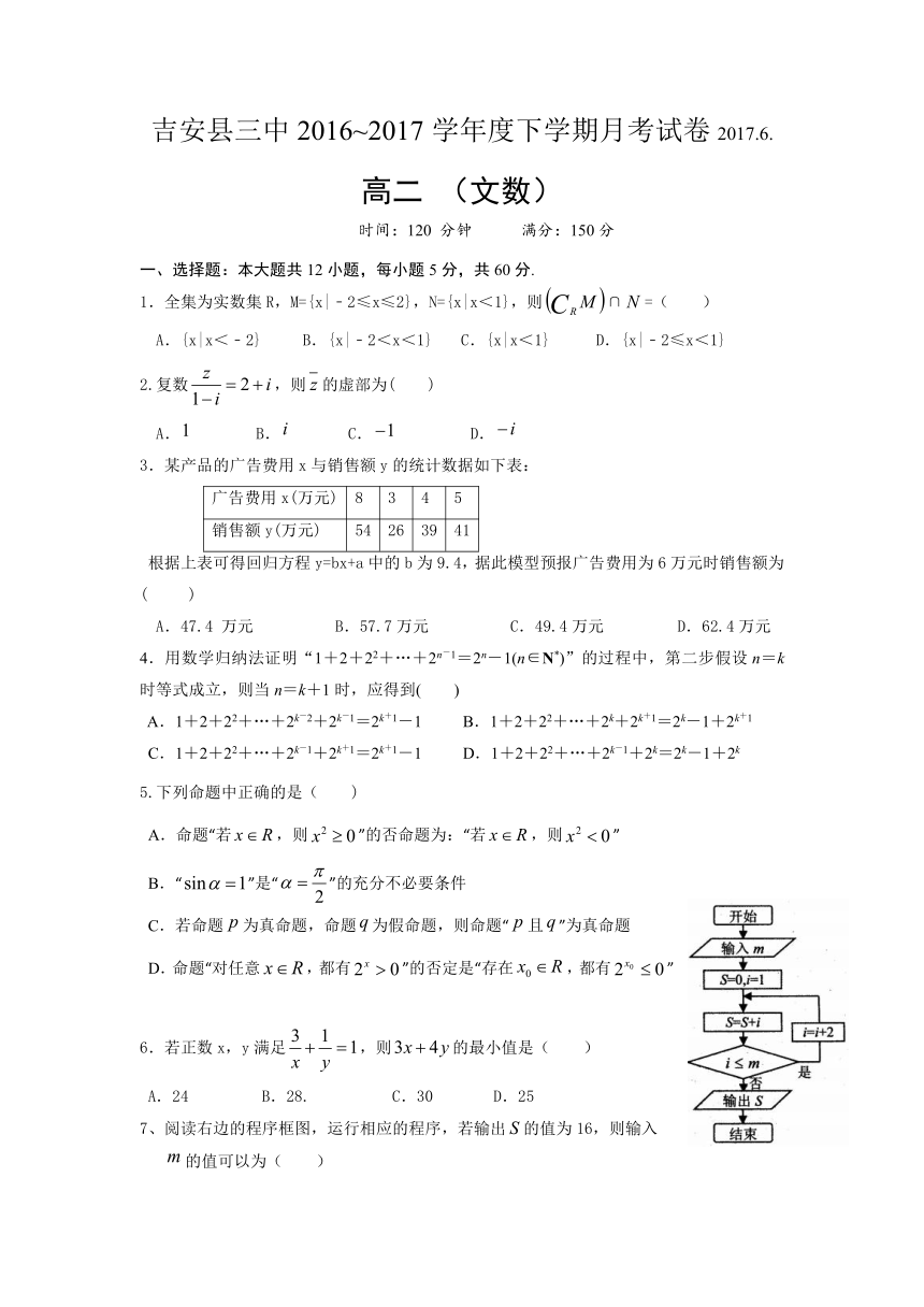 江西省吉安县第三中学2016-2017学年高二6月月考数学（文）试题+Word版含答案