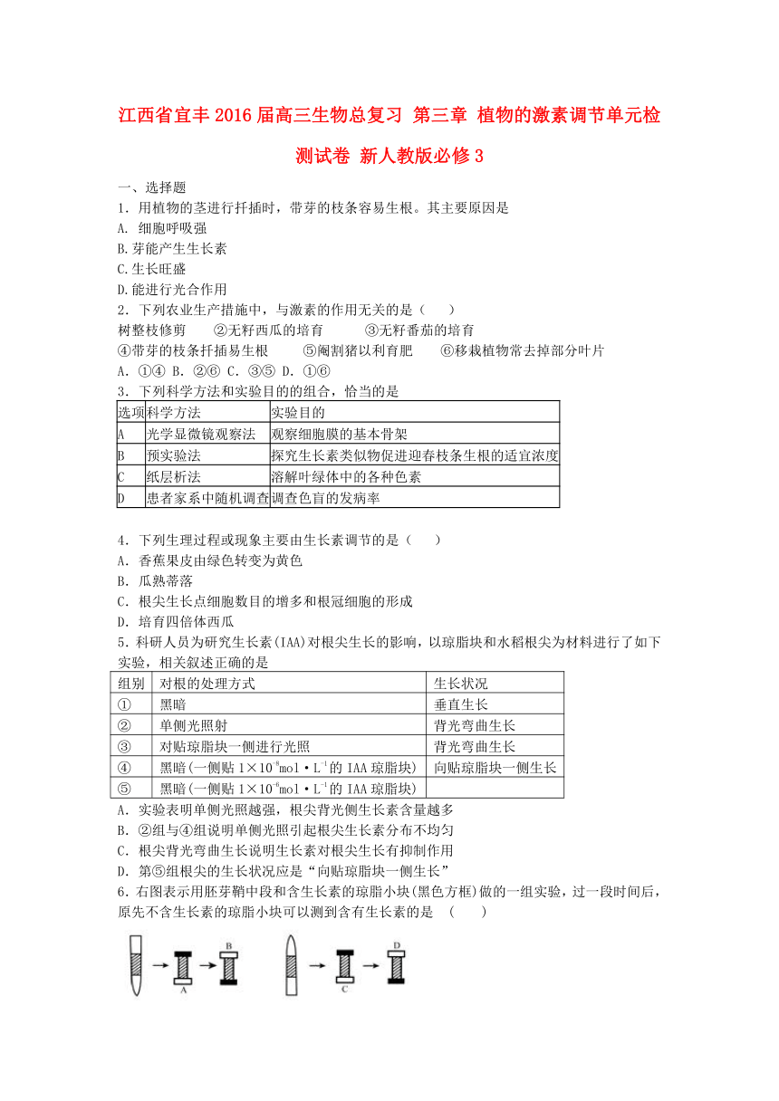 江西省宜丰2016届高三生物总复习新人教版必修3 第三章 植物的激素调节单元检测试卷