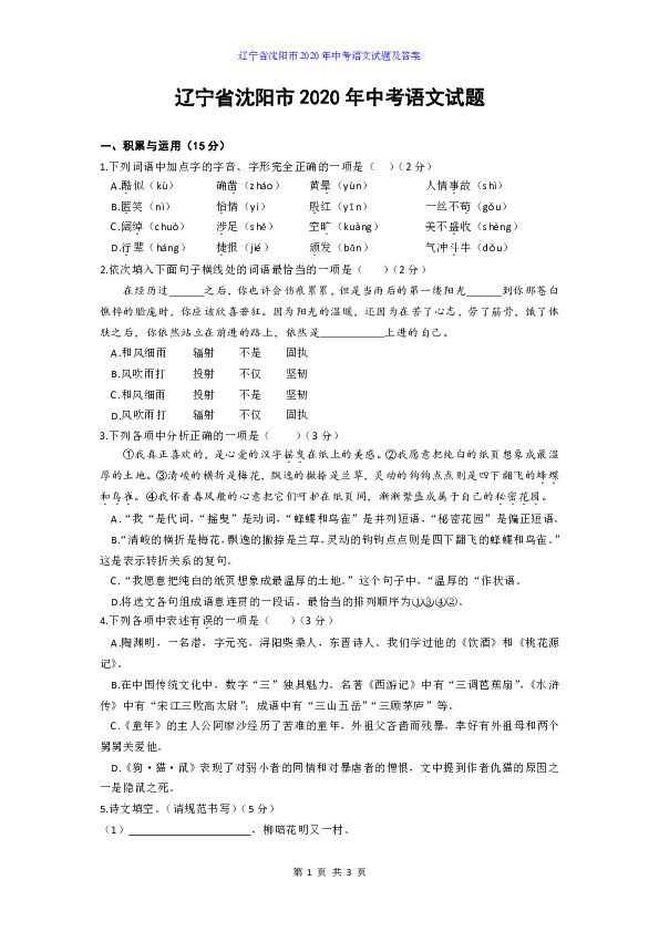 辽宁省沈阳市2020年中考语文试题及答案（word版含答案）