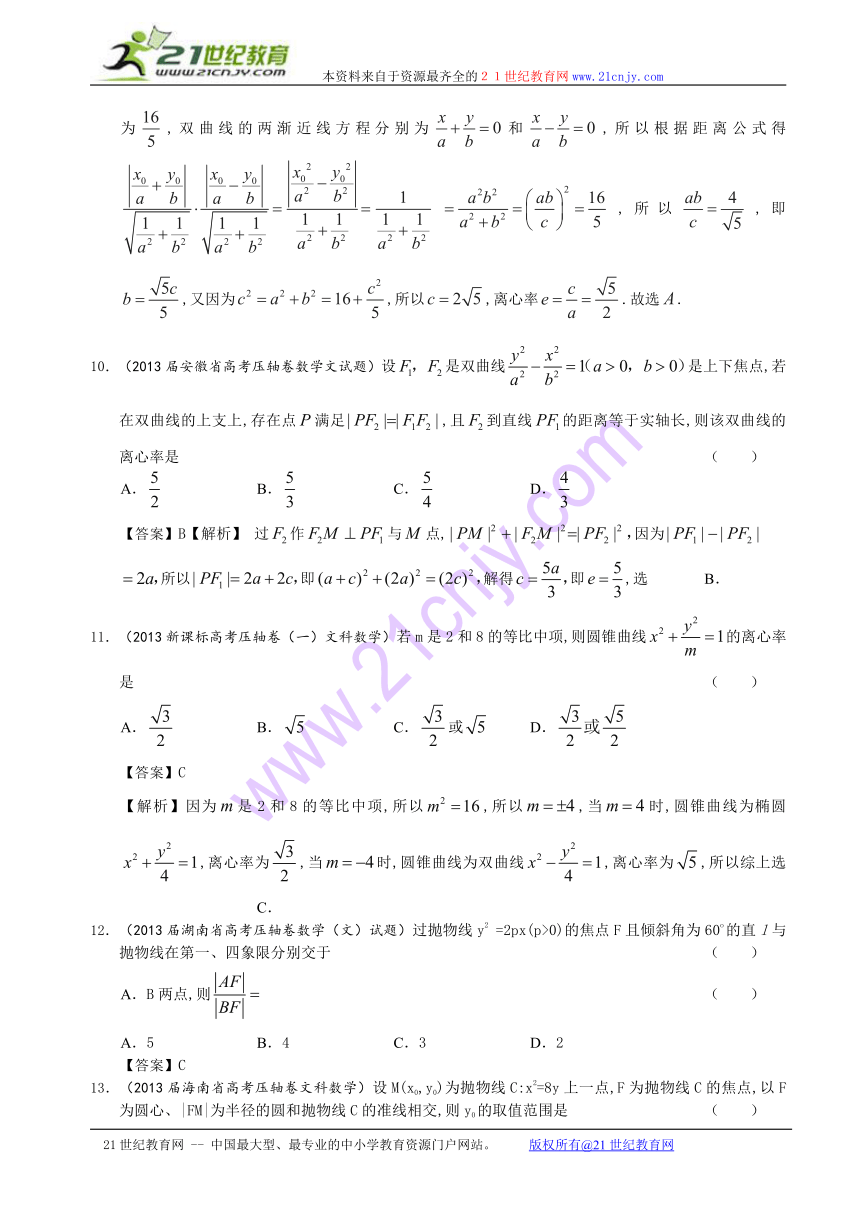 2013届全国各地高考押题数学（文科）精选试题分类汇编9：圆锥曲线