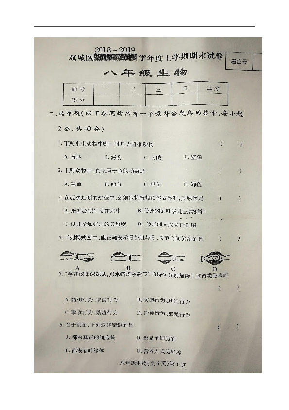黑龙江省哈尔滨市双城区2018-2019学年八年级上学期期末考试生物试题（图片版，含答案）