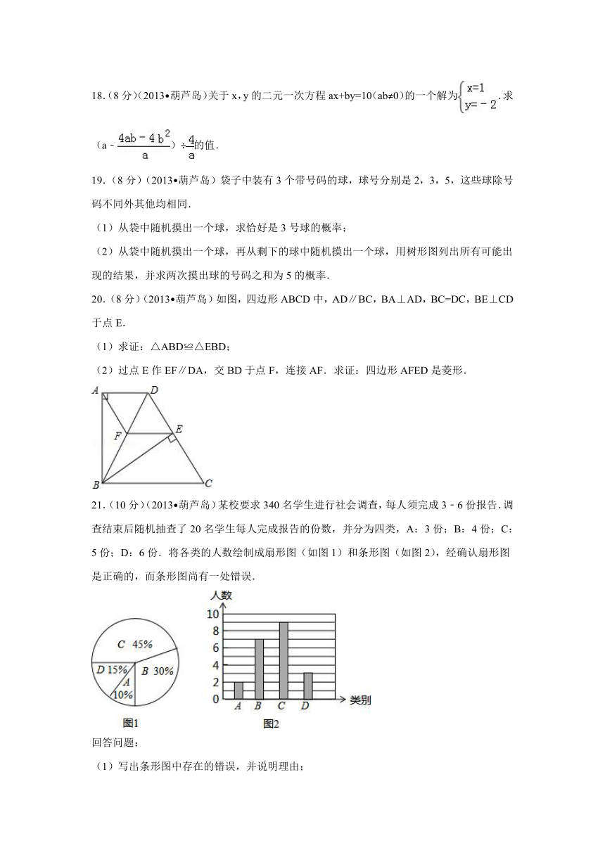 2013年辽宁省葫芦岛市中考数学试卷（含答案解析）