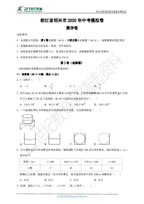 2020年浙江省绍兴市中考模拟数学试题（解析版）