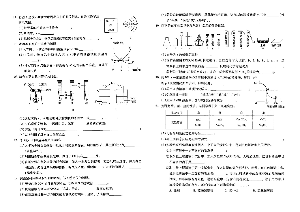 吉林省东北师大附中2020年九年级下学期化学模拟试卷（一）（PDF版 无答案）