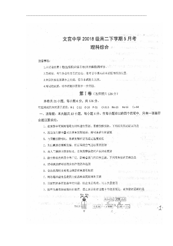 四川省仁寿县文宫中学2019-2020学年高二5月月考理科综合试题 扫描版含答案