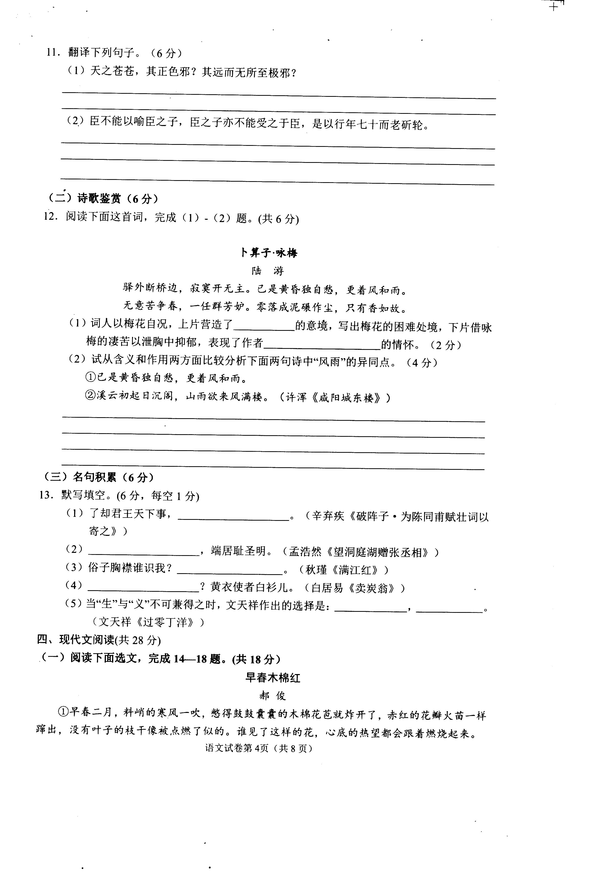 四川省南充市2020年初中学业水平考试模拟测试语文试题（PDF版，含答案）