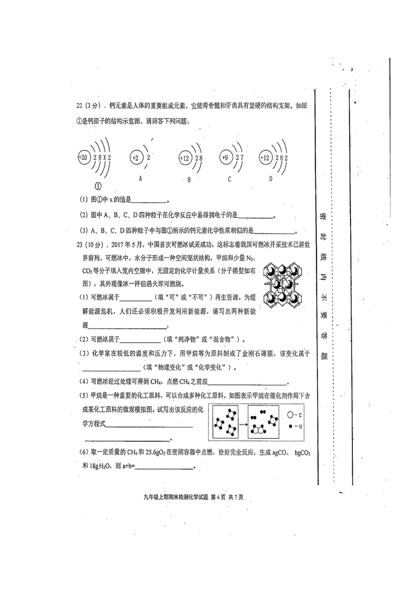 四川省雅安市2018届九年级上学期期末考试化学试卷（扫描版）