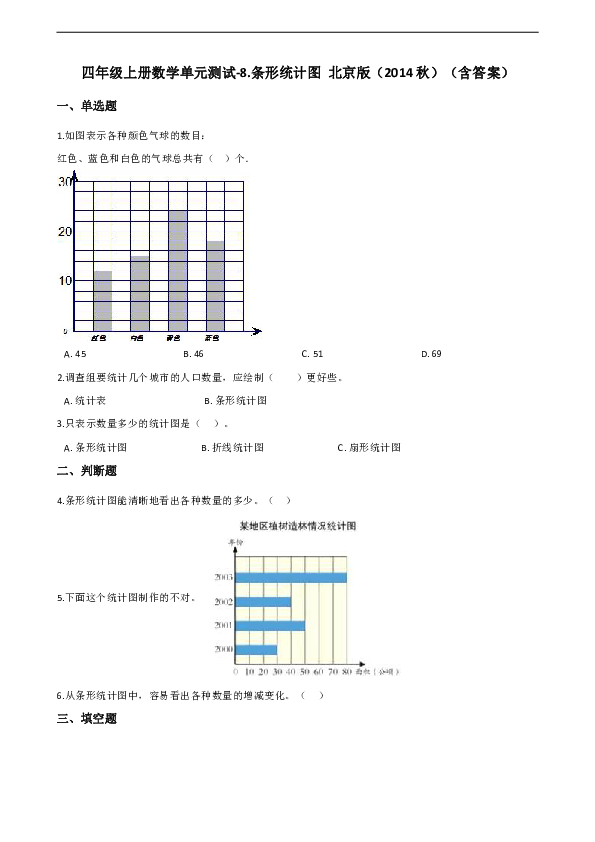 四年级上册数学单元测试-8.条形统计图 北京版 （含答案）