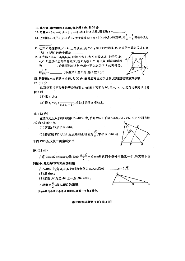 山东省潍坊市2020届高三上学期期末考试数学试题 （扫描版，含答案）
