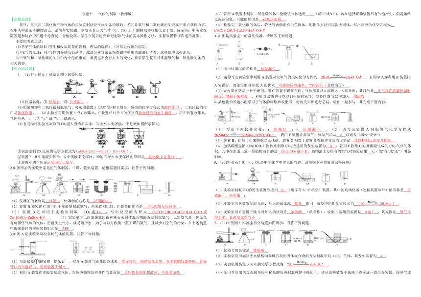 2019年中考化学二轮复习专题突破——专题十   气体的制取练测卷（含答案）