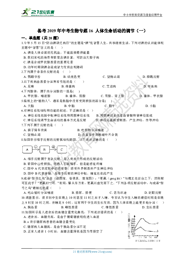 备考2019年生物中考二轮专题16 人体生命活动的调节（一）