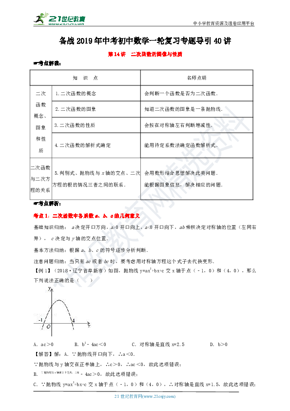 备战2019中考初中数学一轮复习专题导引40讲——14二次函数的图象和性质