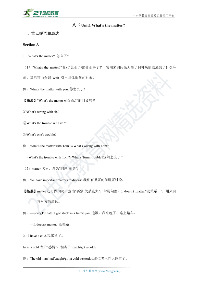 Unit1 What‘s the matter？同步导学精炼（知识点和语法汇总）