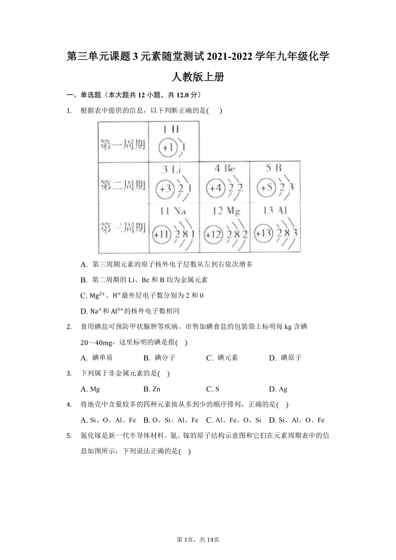 第三单元课题3元素随堂测试-2021-2022学年九年级化学人教版上册（word版 含解析）