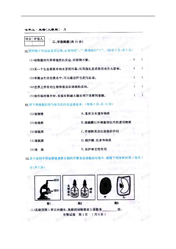 吉林名校调研卷系列（省命题A）2018-2019学年七年级上学期期中测试生物试题（扫描版，含答案）