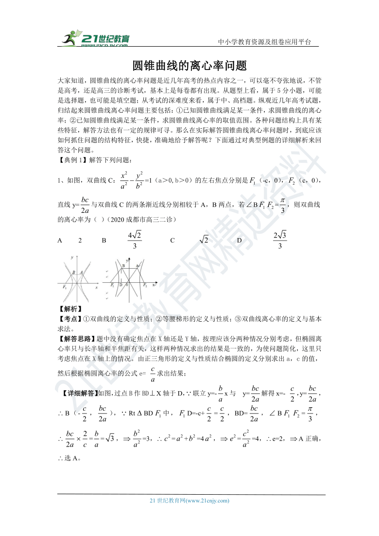 人教新课标A版 选修1-1 圆锥曲线的离心率问题的类型与解法综合训练（含答案）