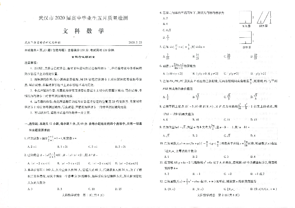 湖北省武汉市2020届高三高中毕业生五月质量检测文科数学试卷(pdf版 无答案)