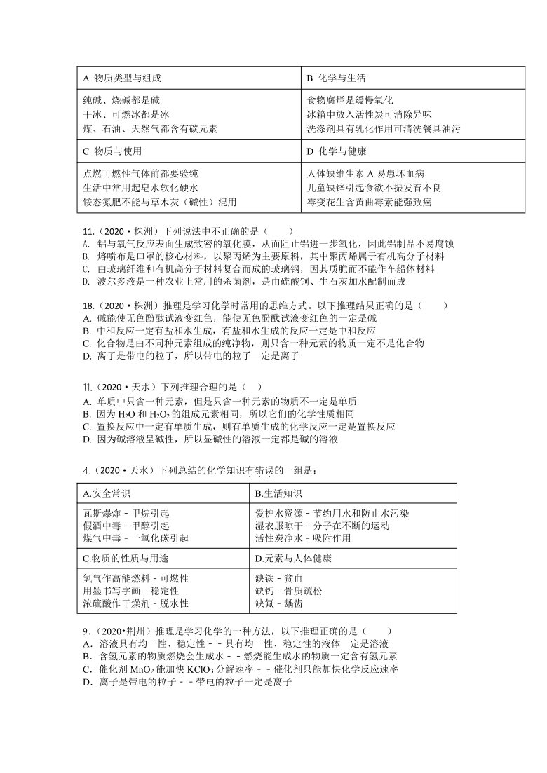 2020年中考化学试题分类汇编：归纳与推理题（解析版）