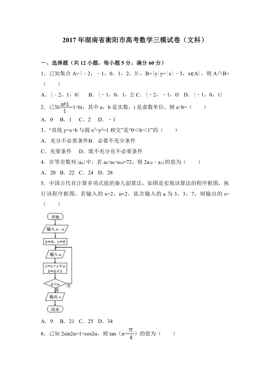 2017年湖南省衡阳市高考数学三模试卷（文科）（解析版）