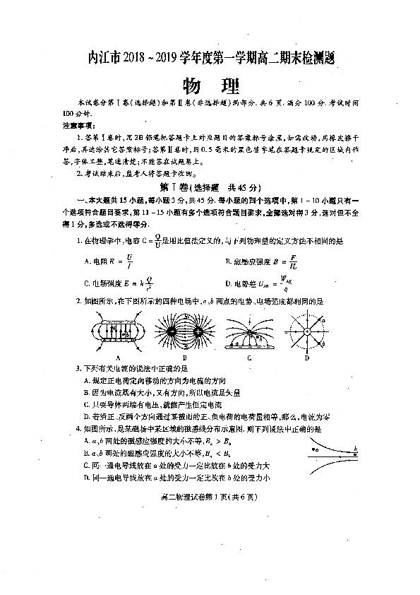 四川省内江市2018-2019学年高二上学期期末检测物理试题 PDF版含答案