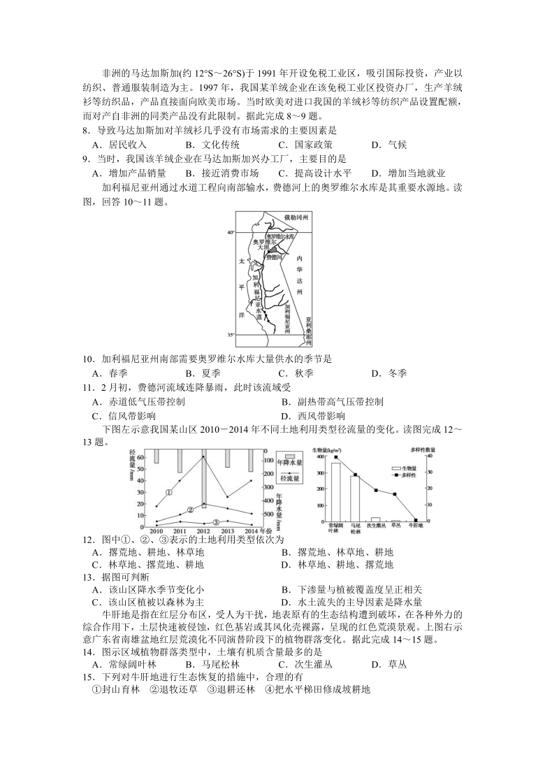 湖南省常德淮阳中学2020年秋高二期中考试地理试卷 Word版含答案