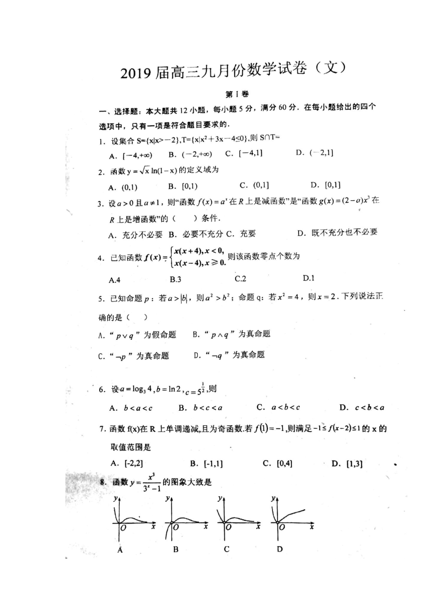 湖南省衡阳县第四中学2019届高三9月月考数学（文）试题 扫描版含答案
