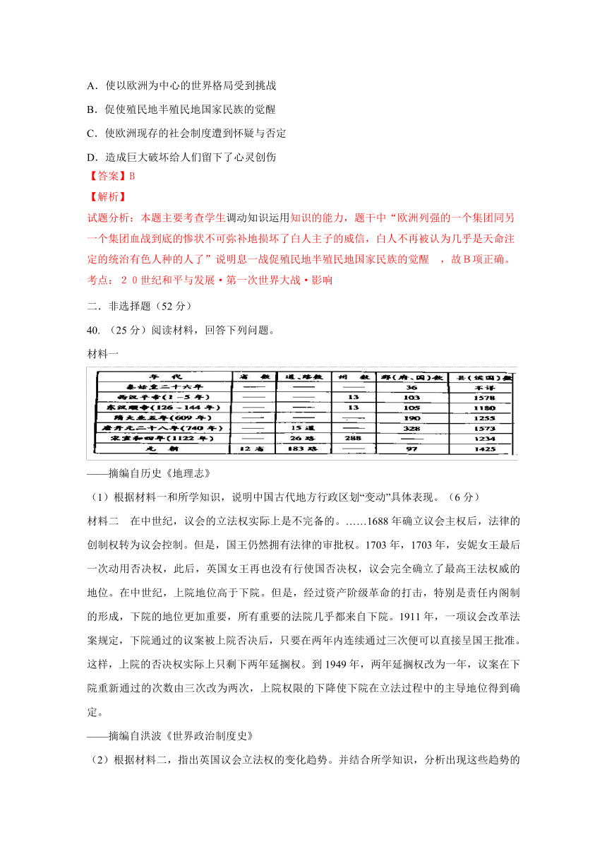 江西省赣中南五校2017届高三上学期开学摸底文综历史试题解析（解析版）