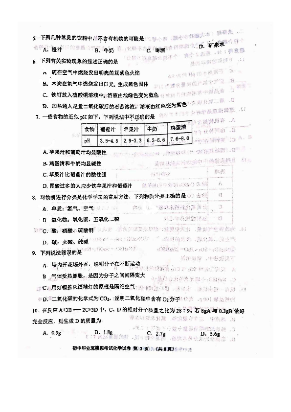 天津市东丽区2020届九年级初中毕业班模拟考试化学试题（扫描版有答案）