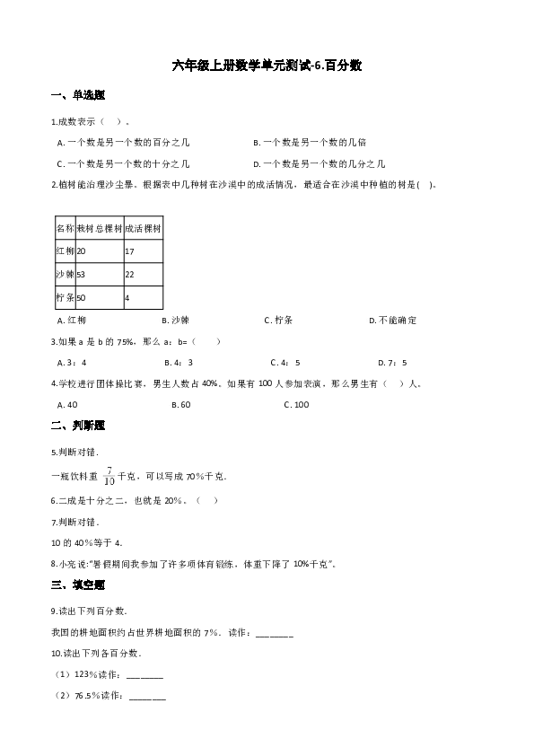 六年级上册数学单元测试-6.百分数（含答案）