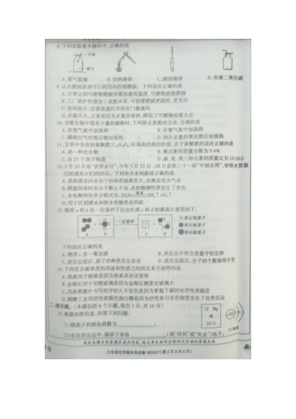 河南省濮阳地区2018-2019学年上学期期末考试九年级化学试题（图片版，含答案）