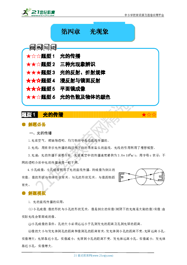 人教版中考物理万能解题模板04—第四章 光现象（解题必备+典例精讲）