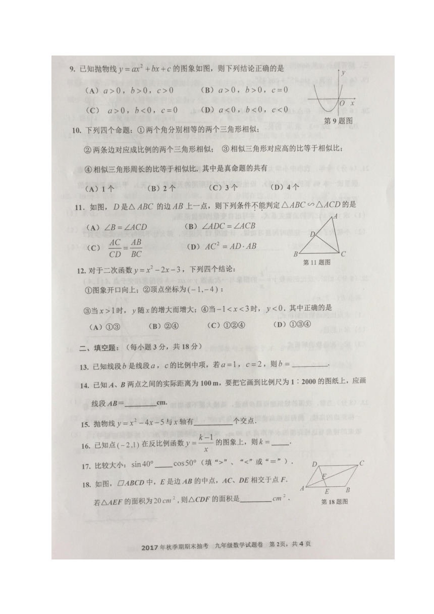 广西岑溪市2018届九年级上学期期末考试数学试题（图片版，无答案）