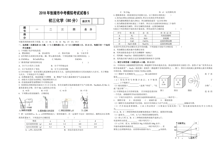 2018年张掖市中考模拟考试试卷化学试卷（无答案）