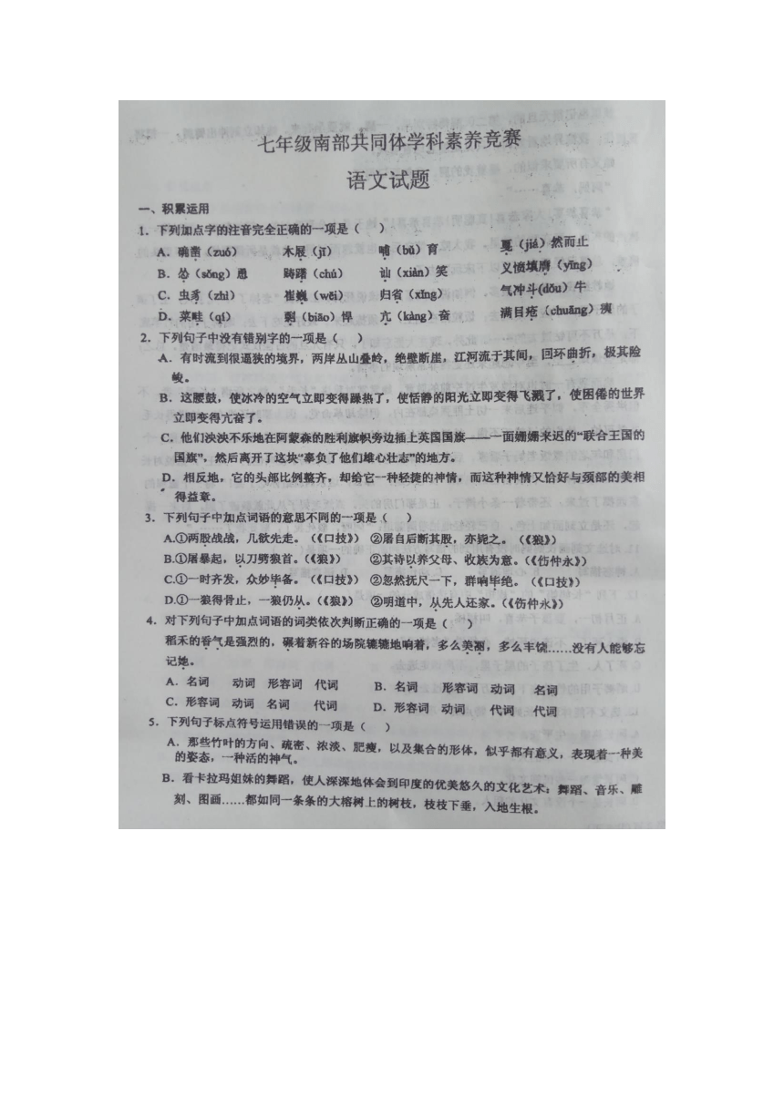 山东省肥城市七年级南部共同体学科素养竞赛语文试题（图片版，无答案）