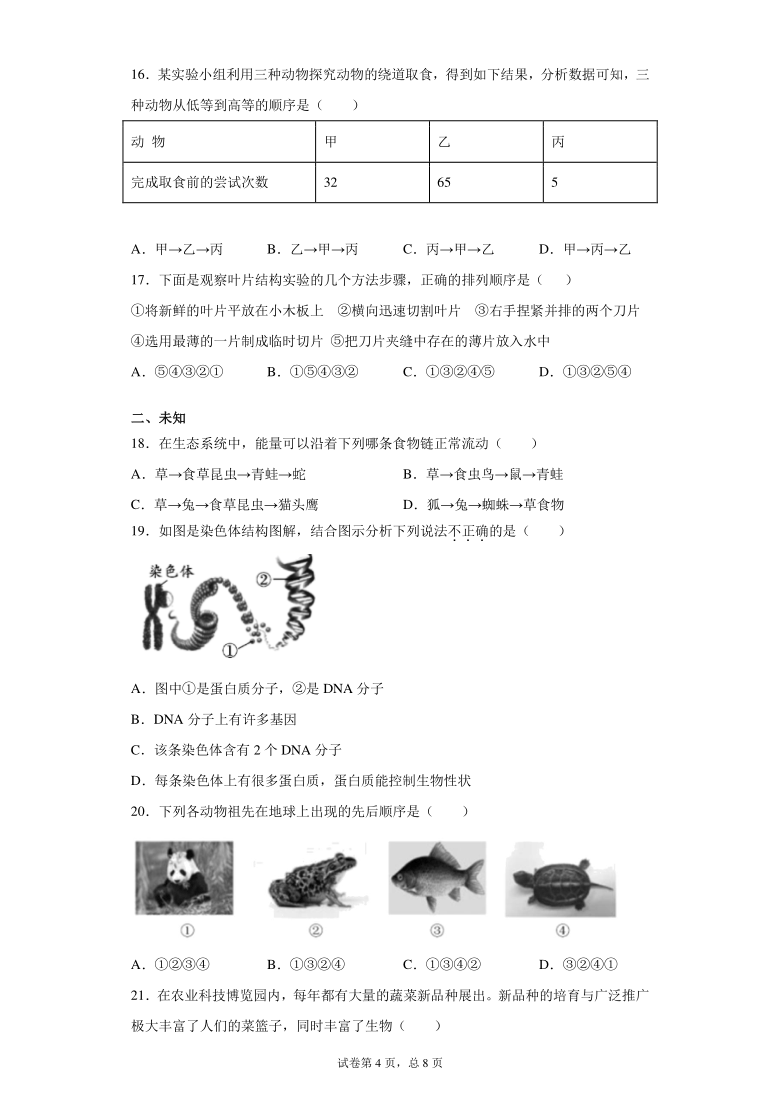 2021年山东省聊城市一城四区初中学生学业水平模拟考试生物试题（一）（word版无答案）