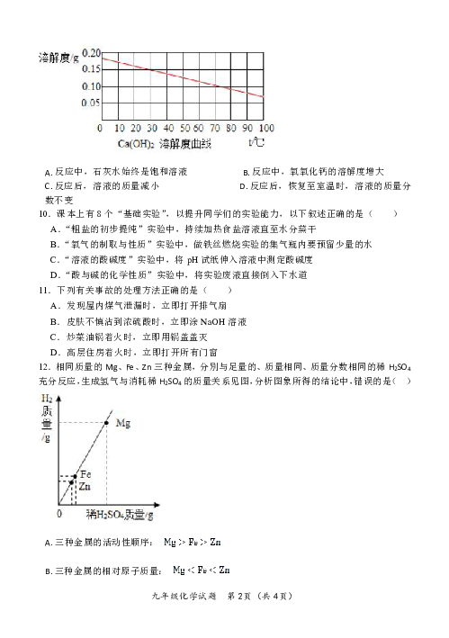 2020年人教版九年级化学模拟试题