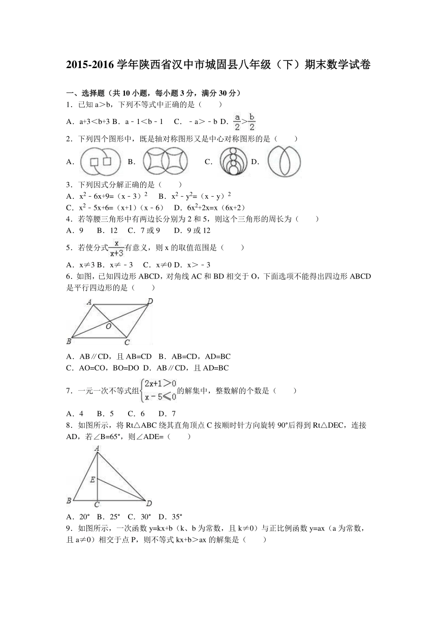 陕西省汉中市城固县2015-2016学年八年级（下）期末数学试卷（解析版）