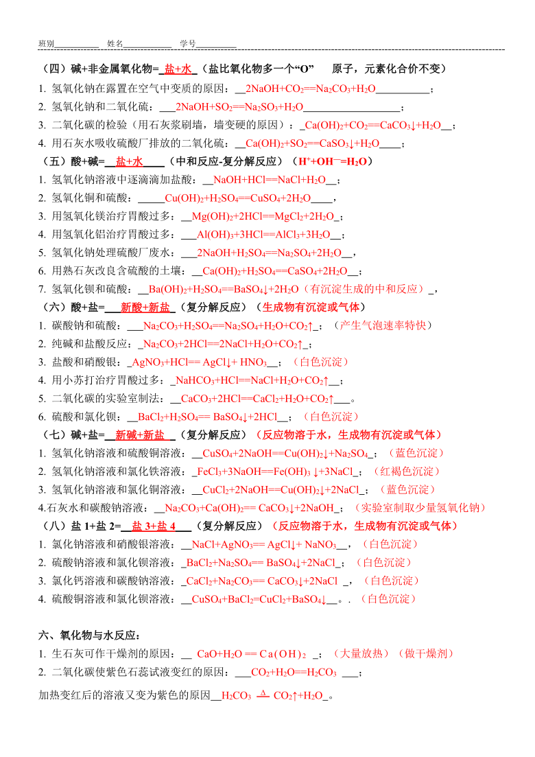 2020-2021学年人教版九年级下册：酸碱盐化学性质小结答案版