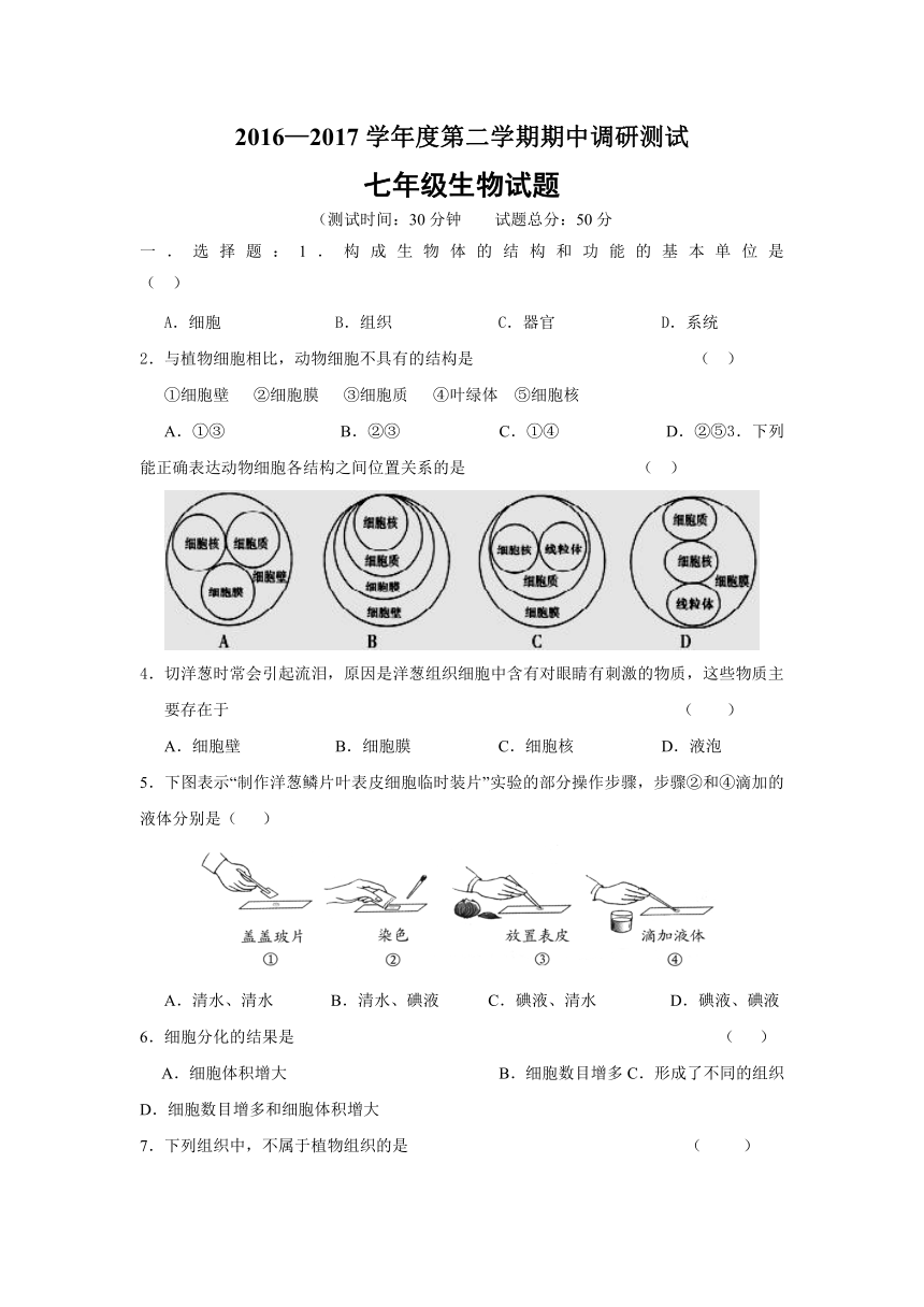 江苏省如皋市东陈镇东陈中学2016-2017学年七年级下学期期中考试生物试卷