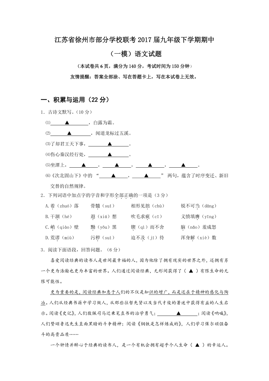 江苏省徐州市部分学校联考2017届九年级下学期期中（一模）语文试卷