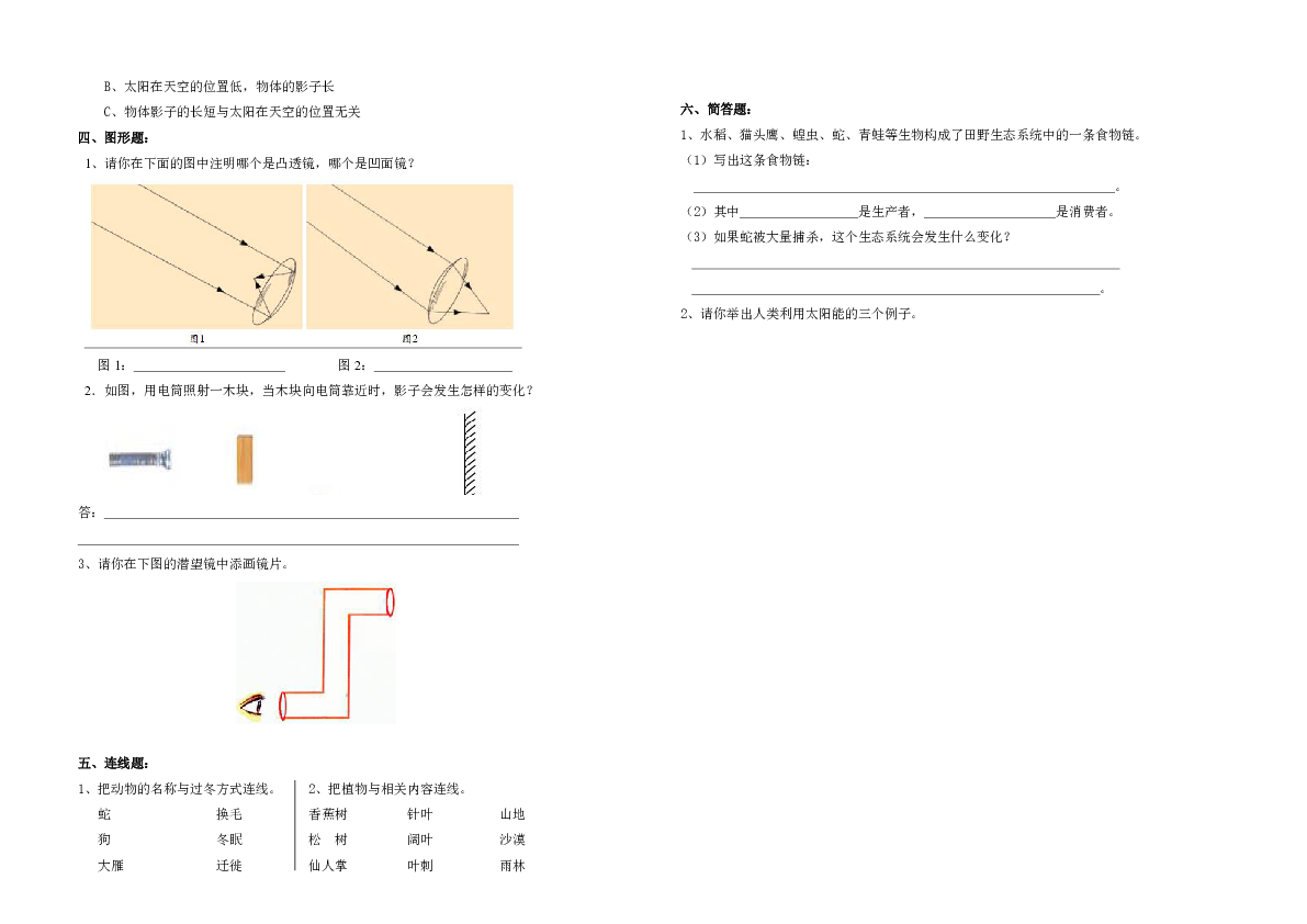 2018-2019学年度第一学期科教版小学五年级上册科学期中质量检测试卷 无答案