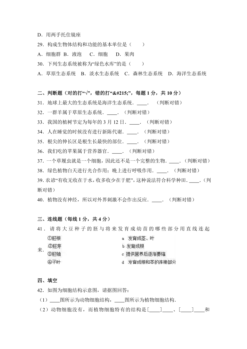 新疆某市中学2016-2017学年七年级（上）期末生物试卷（解析版）