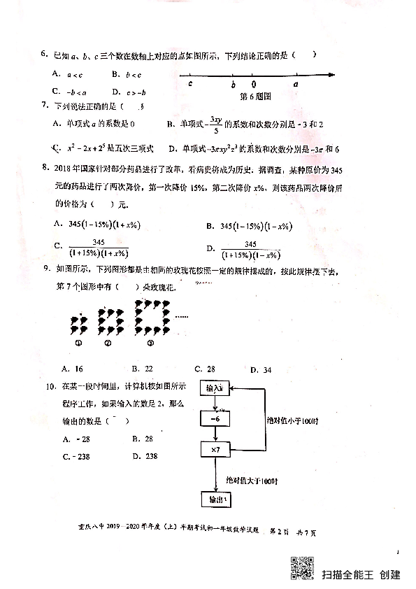 重庆渝北八中2019-2020学年度（上）2022级初一年级期中考试数学试卷（PDF图片版，含手写答案）