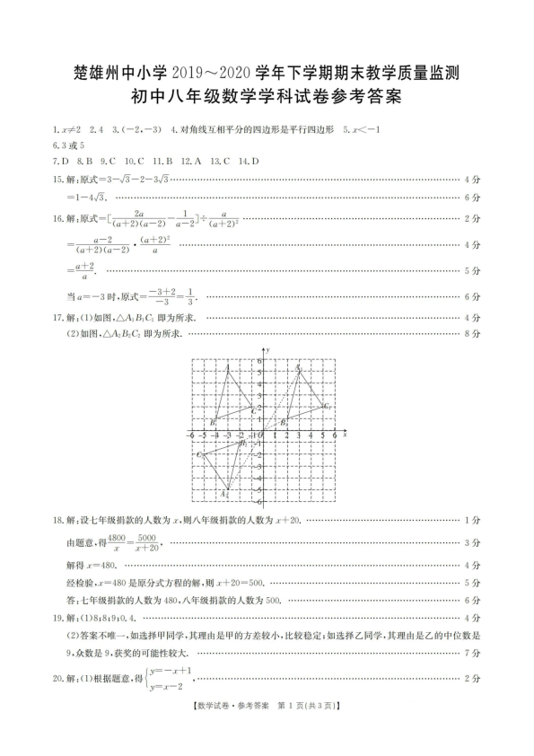 云南省楚雄州中小学2019-2020学年八年级下学期期末教学质量监测数学试题（图片版含答案）