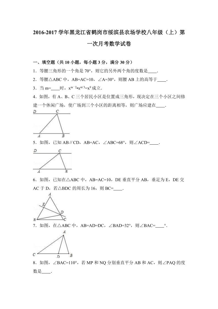 黑龙江省鹤岗市绥滨县农场学校2016-2017学年八年级（上）第一次月考数学试卷（解析版）